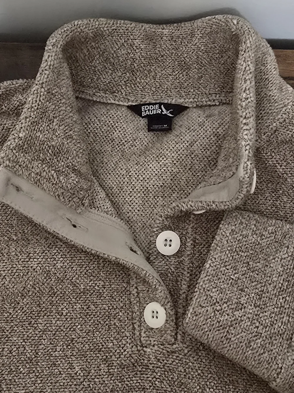 Eddie Bauer Cozy Honeycomb Sweater Fleece Henley Pullover Tan Beige Size Medium